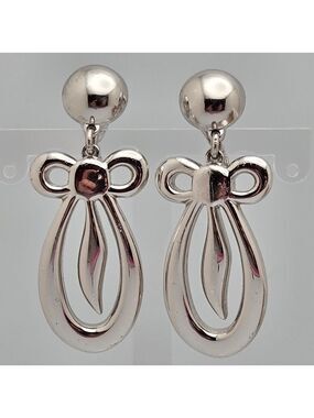 Vintage Monet Silver Bow Drop Clip-On Earrings Retro Dangle